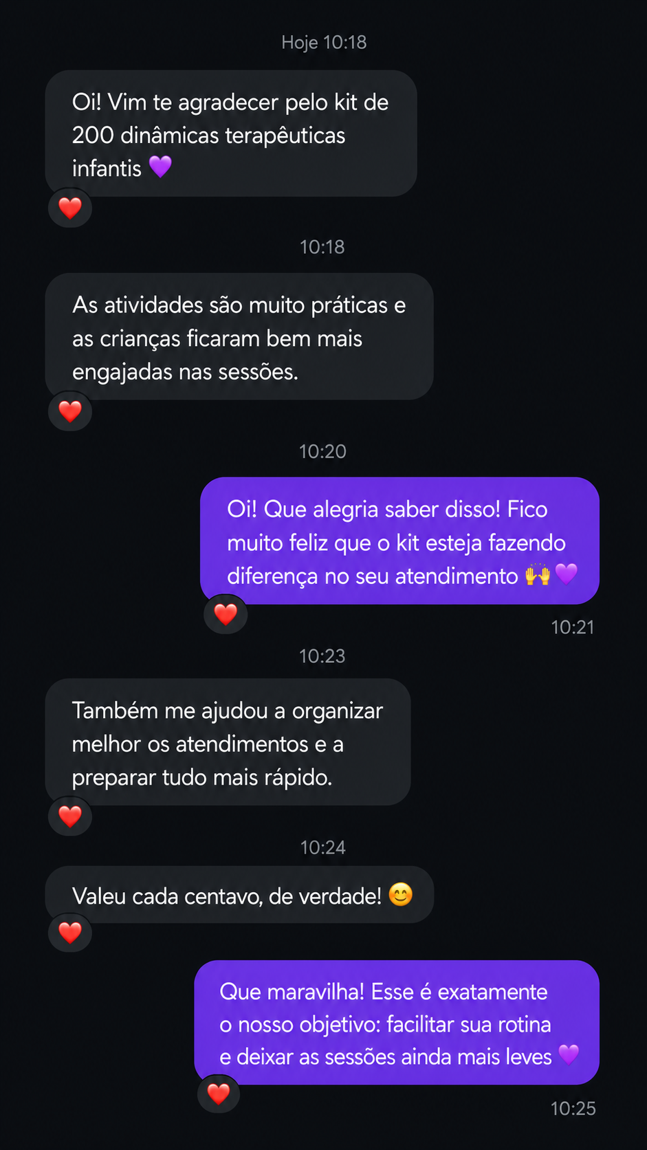 Conversa de uma profissional agradecendo pelo kit e elogiando as atividades
