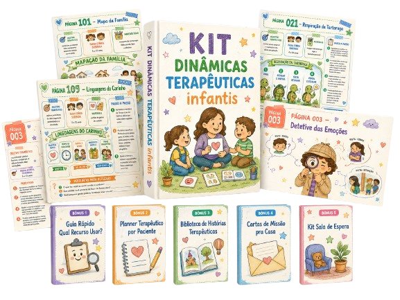 Kit Dinâmicas Terapêuticas Infantis: capa do produto ao centro, quatro páginas de dinâmicas ao redor e cinco cards de bônus embaixo